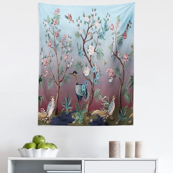 Flowers Tapestry, Asian Composition of Herons Peacocks and Blooming Trees Pastel Ombre Back, Fabric Wall Hanging Decor for Bedroom Living Room Dorm, 5 Sizes, Baby Blue Multicolor, by Ambesonne