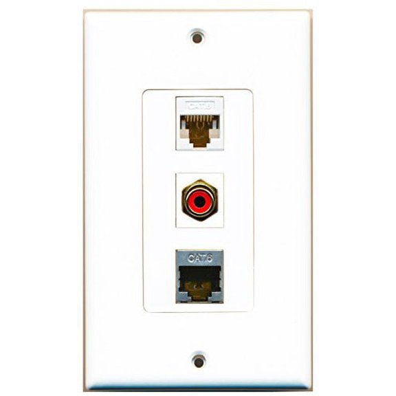 RiteAV - 1 Port RCA Red and 1 Port Shielded Cat6 Ethernet and 1 Port Cat6 Ethernet White Decorative Wall Plate Decorative
