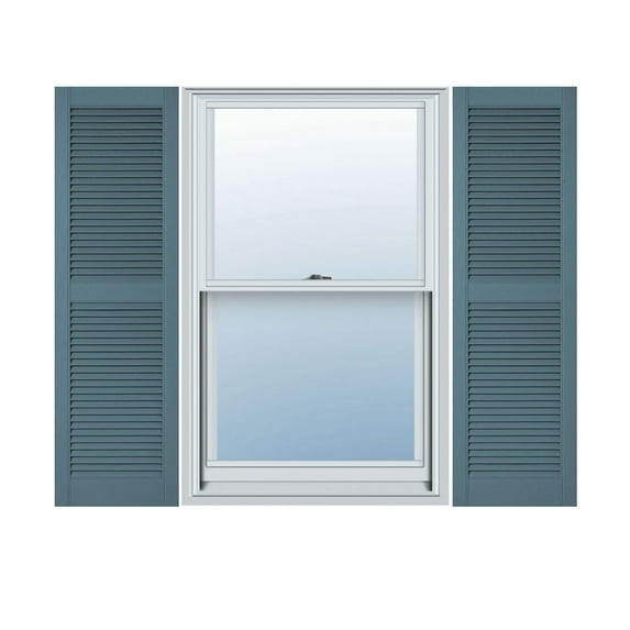 12"W x 67"H Lifetime Vinyl, Custom Straight Top Center Mullion, Open Louver Shutters, w/Shutter-Loks (Per Pair), Wedgewood Blue