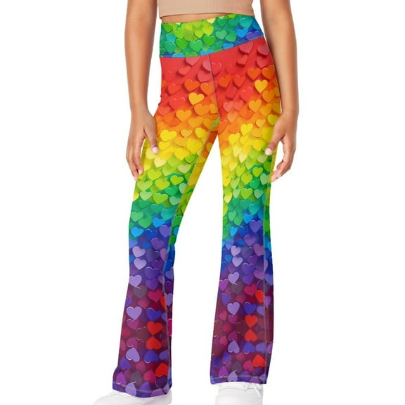 DISNIMO Colorful heart Flare Leggings for Girls Flare Leggings Size 5-6 Long Bell Bottoms for Girls Flare Leggings Kids Bell Bottom Yoga Pants Kids High Waisted Leggings Flare Pockets