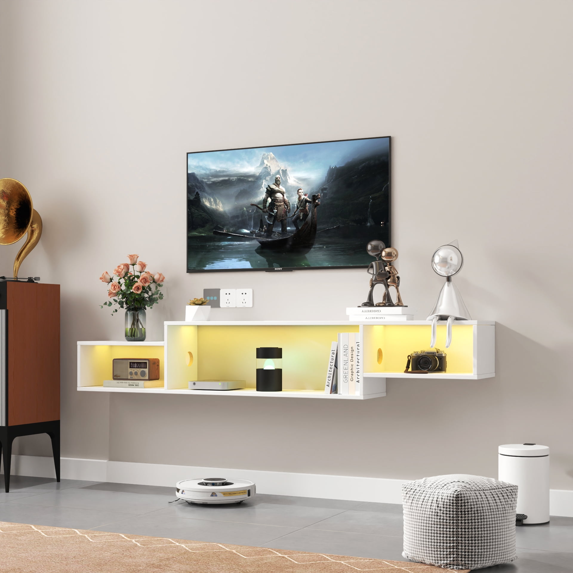 Mintazer Floating Wall Shelf with LED Lights, 3-Section Wall-Mounted Display Shelf, White