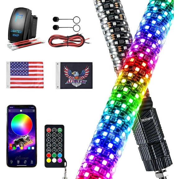 Nilight LED Fat Whip Light 1PC 3FT RGB Lighted Antenna Whips with Remote & App Control DIY Chasing Patterns Brake Reverse Lights for ATV UTV Polaris RZR Can-am Dune Buggy Pickup Trucks Jeep