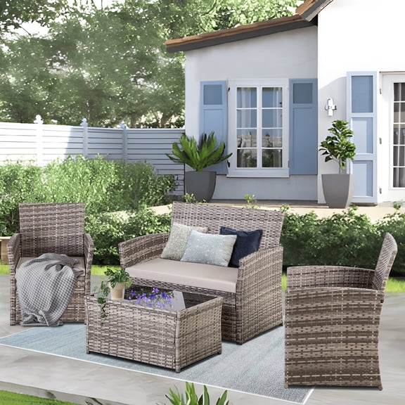 FHFO Patio Outdoor Furniture 4 Pieces Sectional Sofa Set Balcony Furniture Wicker Rattan Chairs with Table and Loveseat for Garden, Porch, Backyard, Gray Wicker/Gray Cushion