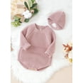 thumbnail image 4 of Gureui 2Pcs Toddler Infant Baby Girl Fall Winter Knit Romper Set, Casual Solid Color Long Sleeve Round Neck Romper with Hat, 4 of 9