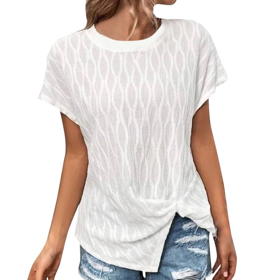 OSOLU Women Casual Loose Solid Color Crew Neck Mesh Knitted Jacquard Bat T-Shirt Short Sleeve Tee Tops Boho Dailywear