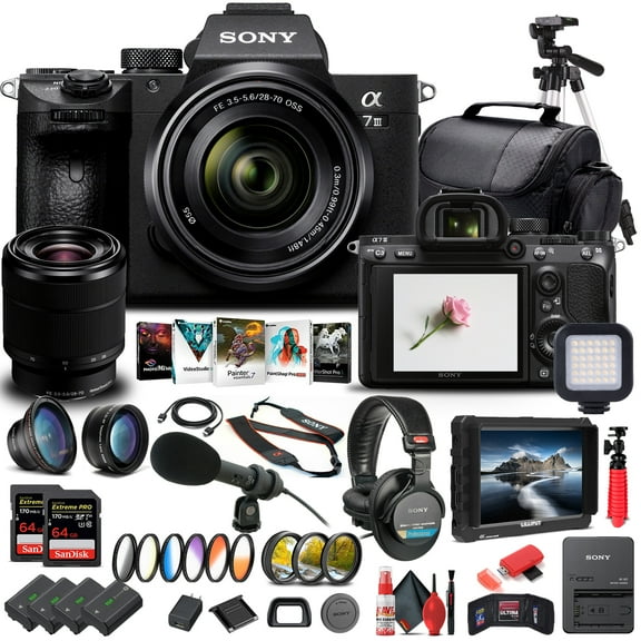 Sony Alpha a7 III Mirrorless Camera with 28-70mm Lens (ILCE7M3K/B) - Pro Bundle with 64GB Memory Cards, Tripod, and More(International Model)