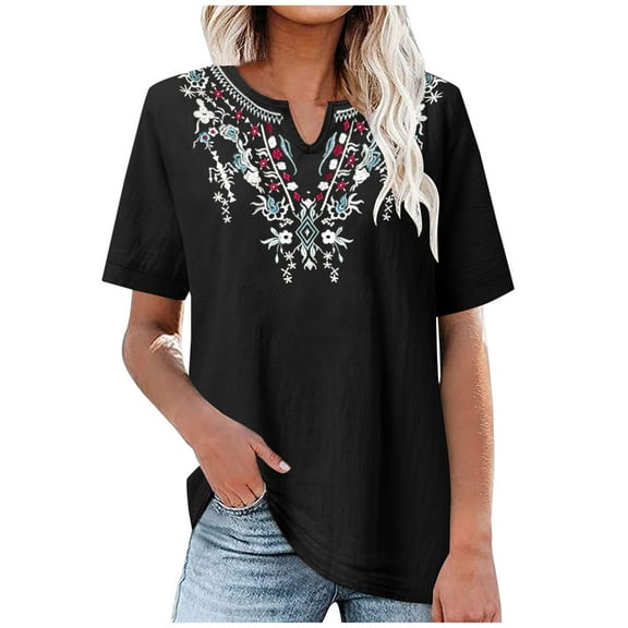 Dezsed Women's Casual Short Sleeve T-Shirts Round Neck Cotton Linen Tunic Tops Basic Tees Blouses Loose Pullover Black L