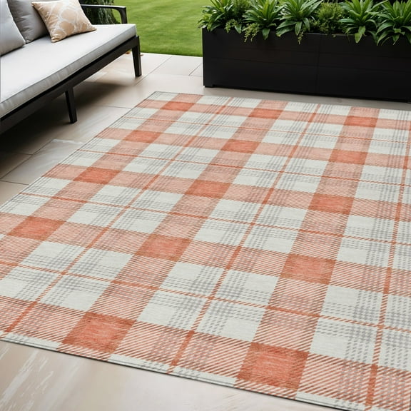 HomeRoots 601321 5 x 8 ft. Coral & Beige Plaid Washable Indoor & Outdoor Rectangle Area Rug