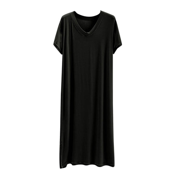Kilaqueen Cotton Nightgowns for Women Solid Color Short Sleeve V Neck Nightdress Loose Fit Soft Comfy Pajamas Dress