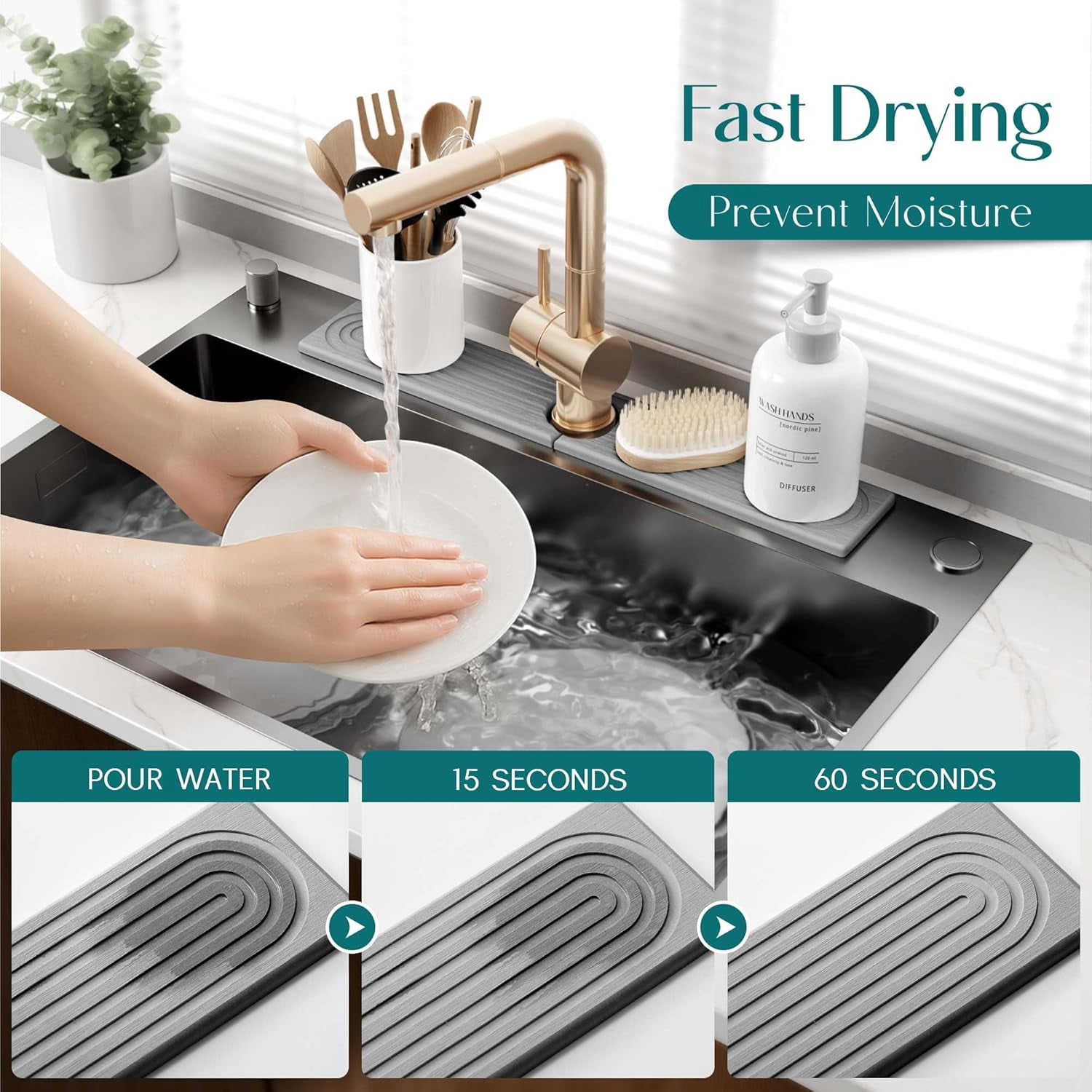 Kitchen Faucet Absorbent Mat - Diatomaceous Earth Splash Guard for Sink Faucet, Aesthetic Water Absorbing Stone Tray in The Modern Home [Grey, 23.6" x 3.9"]