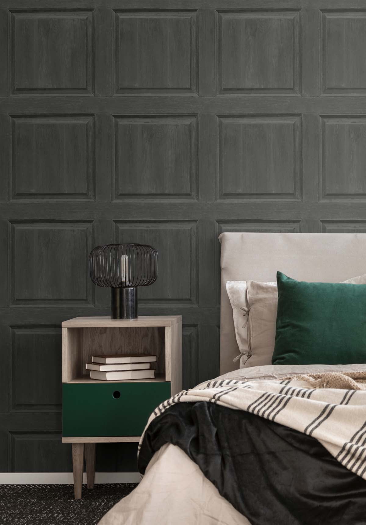 NextWall Arthouse Washed Faux Panel Peel and Stick Wallpaper 20.5 in. W x 18 ft. L - Charcoal