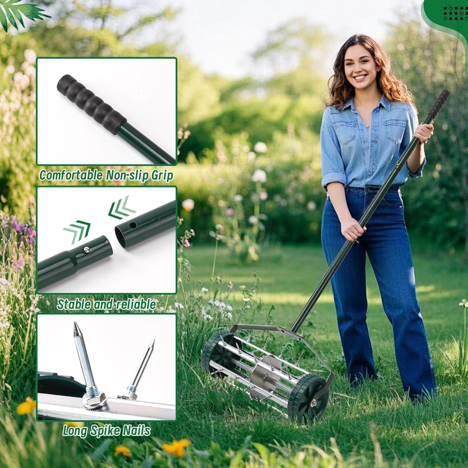Long nail rolling lawn aerator. Heavy duty manual push aerator lawn tool, garden and yard soil health tool Different colors to choose from