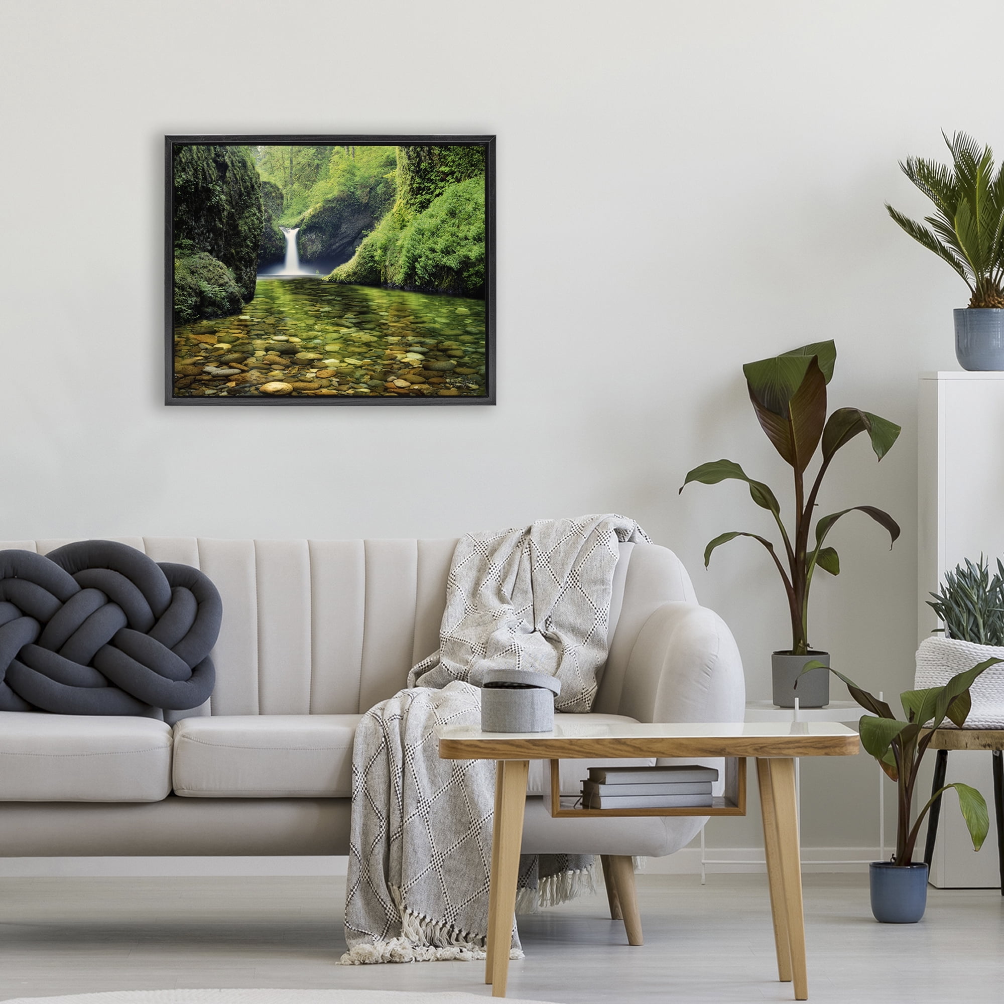 Stupell Industries Punchbowl Falls in Emerald Forest Black Framed Floater Canvas Wall Art, design by Dennis Frates
