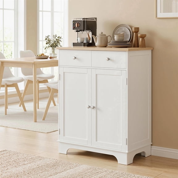 HOMCOM Kitchen Storage Cabinet, Sideboard Buffet Cabinet with Solid Rubberwood Top, 2 Drawers, Adjustable Shelf, White
