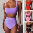 thumbnail image 1 of Fairnull 2 Pcs/Set Women Bikini Set High Waist Push Up Low-cut Sleeveless Solid Color Swimming Rhinestone Buckle Slim Fit Women Bathing Suit Water Activity Clothes, 1 of 8