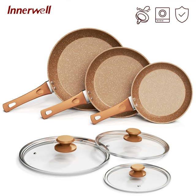 Innerwell Nonstick Frying Pan Set, 6-Piece, Golden, Includes 8-Inch, 9.5-Inch, 11-Inch Pans with Lids