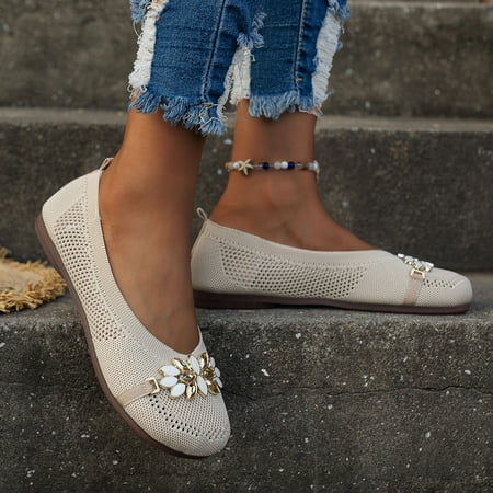 

ZTTD Ladies Fashion Breathable Mesh Flower Rhinestone Decorative Flat Bottomed Casual Shoes