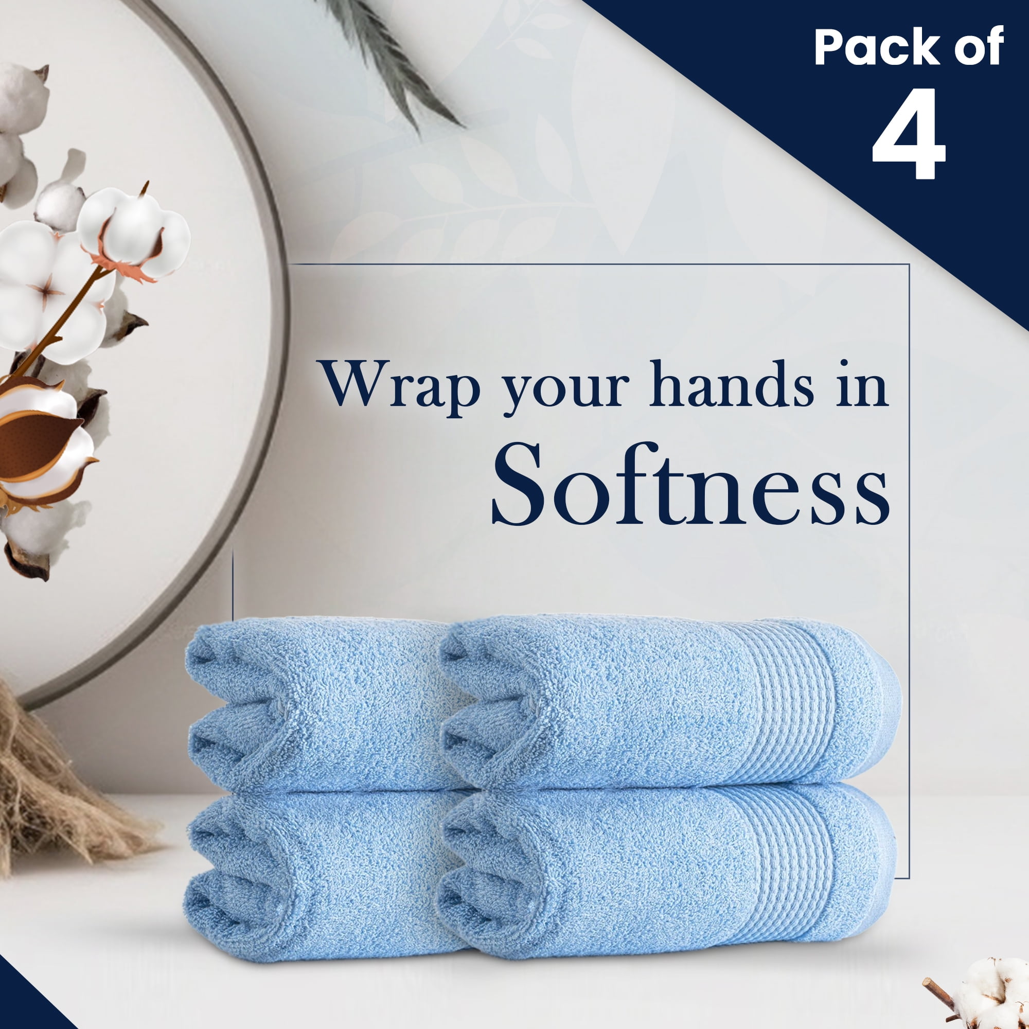 HALLEY Turkish Hand Towels Set - 4 Pack Bathroom Set, Ultra Soft, Machine Washable, Highly Absorbent, 100% Cotton - Luxury Spa Quality - Blue