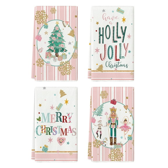 Sm:)e Pink Nutcrackers Merry Christmas Kitchen Towels Dish Towels, 18x26 Inch Xmas Balls Tree Winter Holiday Decoration Hand Towels Set of 4
