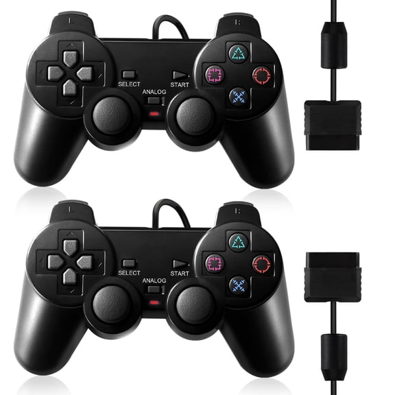 PS2 Controller,2 Packs Wired Controller Compatible with PS2/PS2 Slim/PS1,PS2 Replacement Wired Controller with Dual Vibration,Black