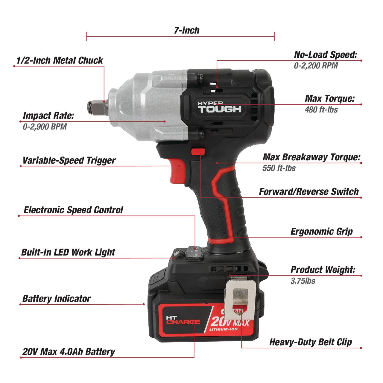 Llave de Impacto Inalámbrica de 1/2 Pulgada y Torque Medio sin Escobillas de 20V Max con Batería de Iones de Litio de 4.0Ah y Cargador Hyper Tough 3