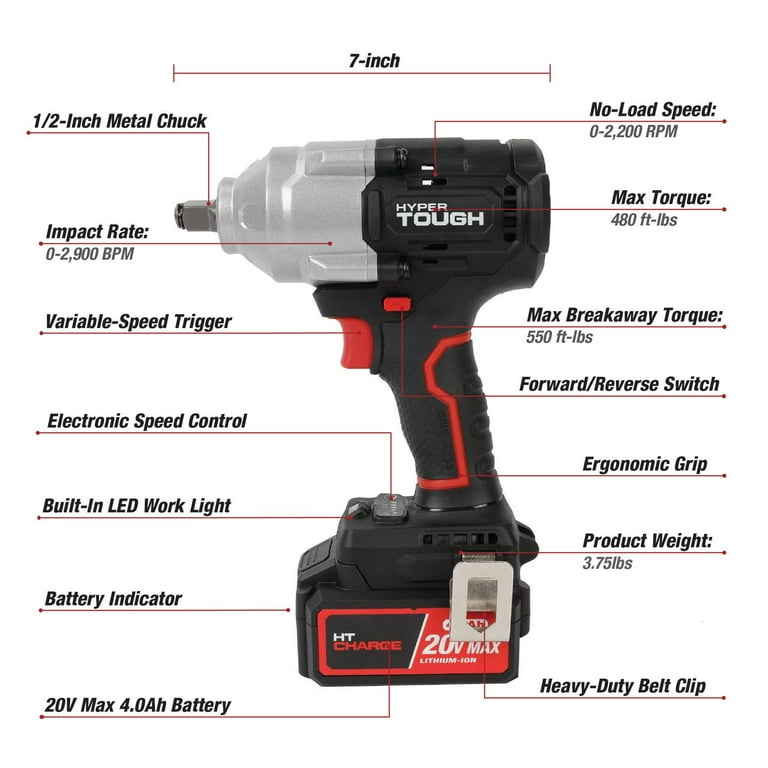 Hyper Tough 20V Max Brushless 1 2 inch Mid Torque Cordless Impact Wrench with 4.0Ah Lithium Ion Battery and Charger Walmart
