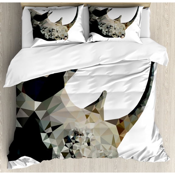 Rhino Duvet Cover Set Queen Size, Angular Savannah Animal Polygonal Nature Illustration Modern Design, Decorative 3 Piece Bedding Set with 2 Pillow Shams, Coconut Grey Charcoal Grey, by Ambesonne