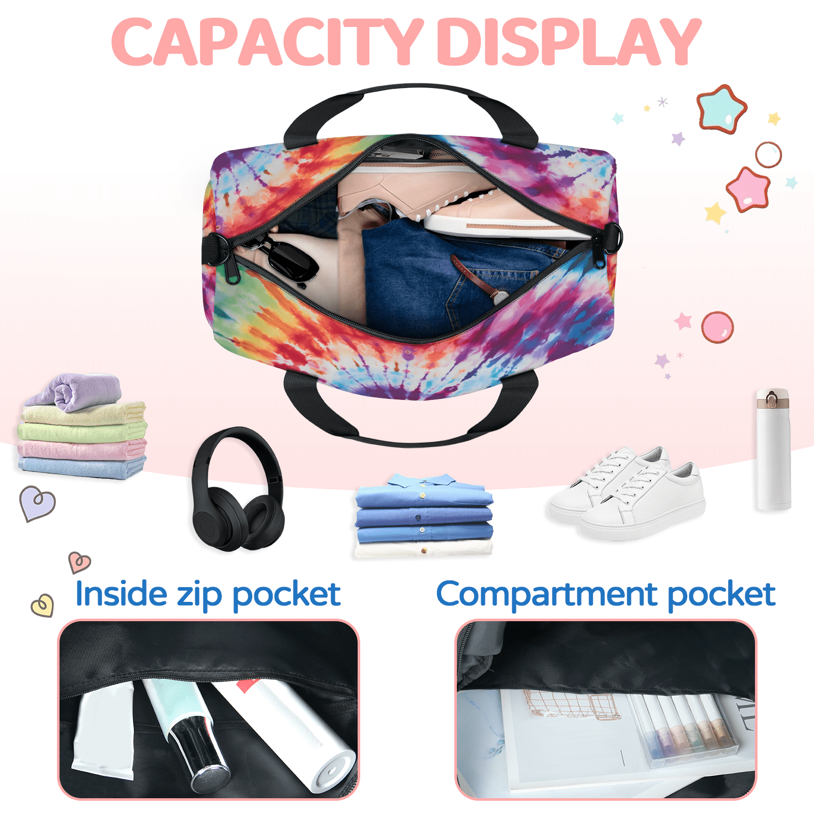 Herdesigns Tie Dye Rainbow Boho Hippie Gym Bag for Women, Duffle Bag for Travel Sport, Lightweight Waterproof Carry on Weekender Overnight Dance Yoga Workout Bags