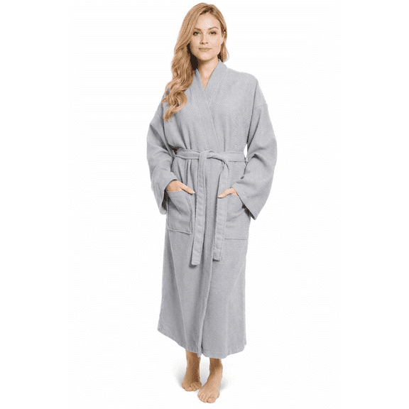 Elegani Robes - Women's 100% Turkish Cotton Waffle Kimono Long Below the Knee Bathrobe (Luxury & Comfort)-Gray (One Size)
