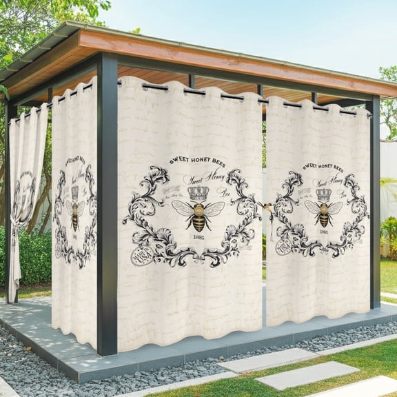 Outdoor Waterproof Patio Curtain 84" Length-1 panel,Vintage Farmhouse Bee Outside Privacy Curtains Blackout Grommet Drapes for Porch Pergola,on Letter