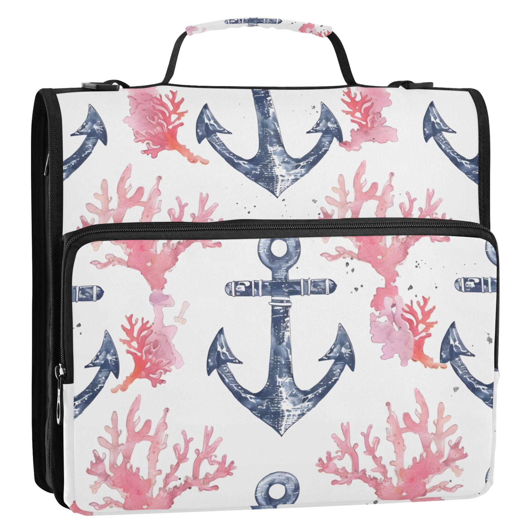 3 Ring Zipper Binder with Shoulder Strap Waterproof Trapper Keeper 2 Inch D-Ring 500 Sheets Capacity Anchor and Coral