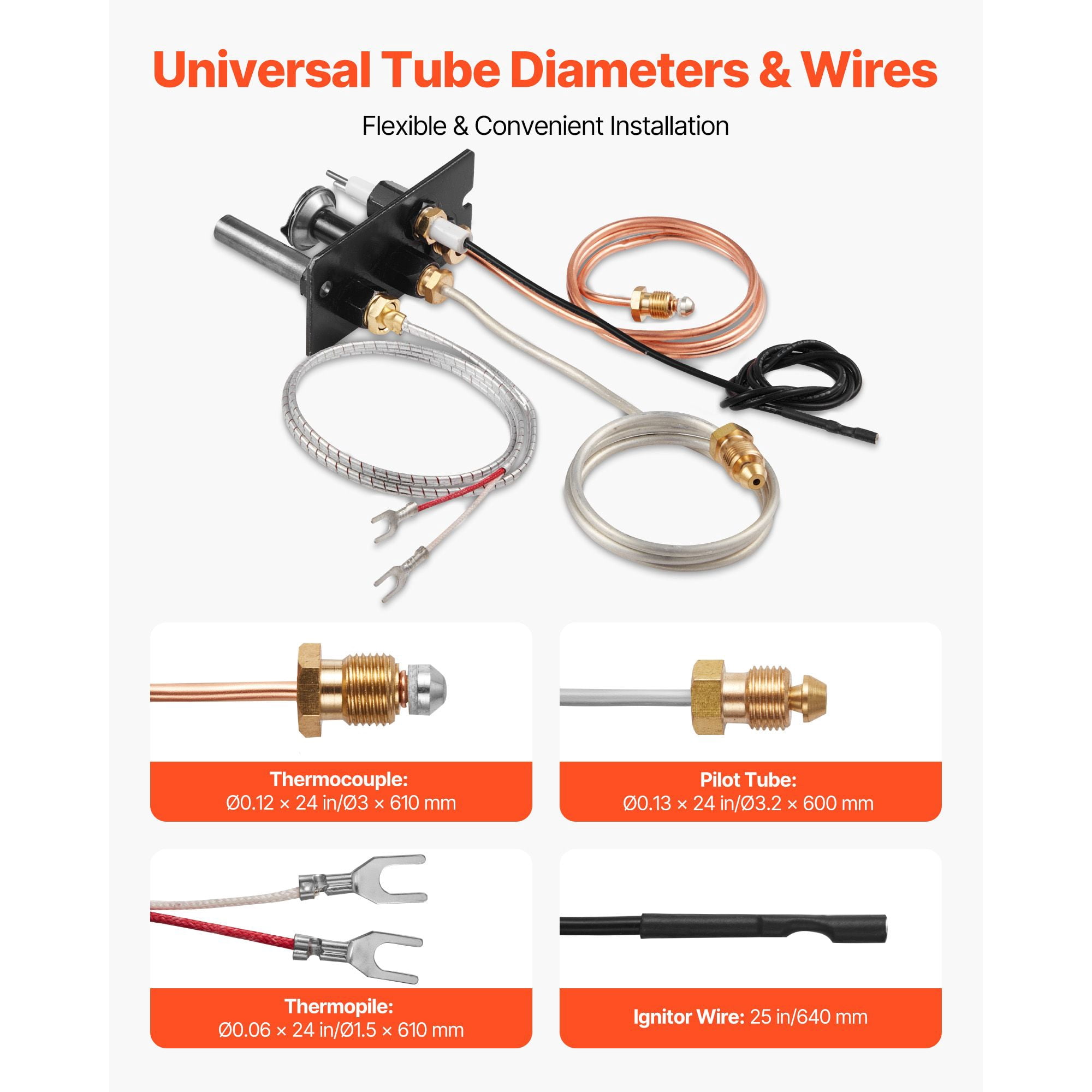 Natural Gas Fireplace Pilot Assembly, Three 24in Parts + 25in Ignitor, Thermocouple Thermopile OEM Replacement for Gas Fireplace Heating Stove Insert