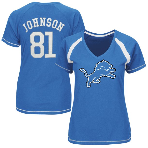 Calvin Johnson Detroit Lions Majestic Women's Determined To Win V-Neck Raglan T-Shirt - Blue