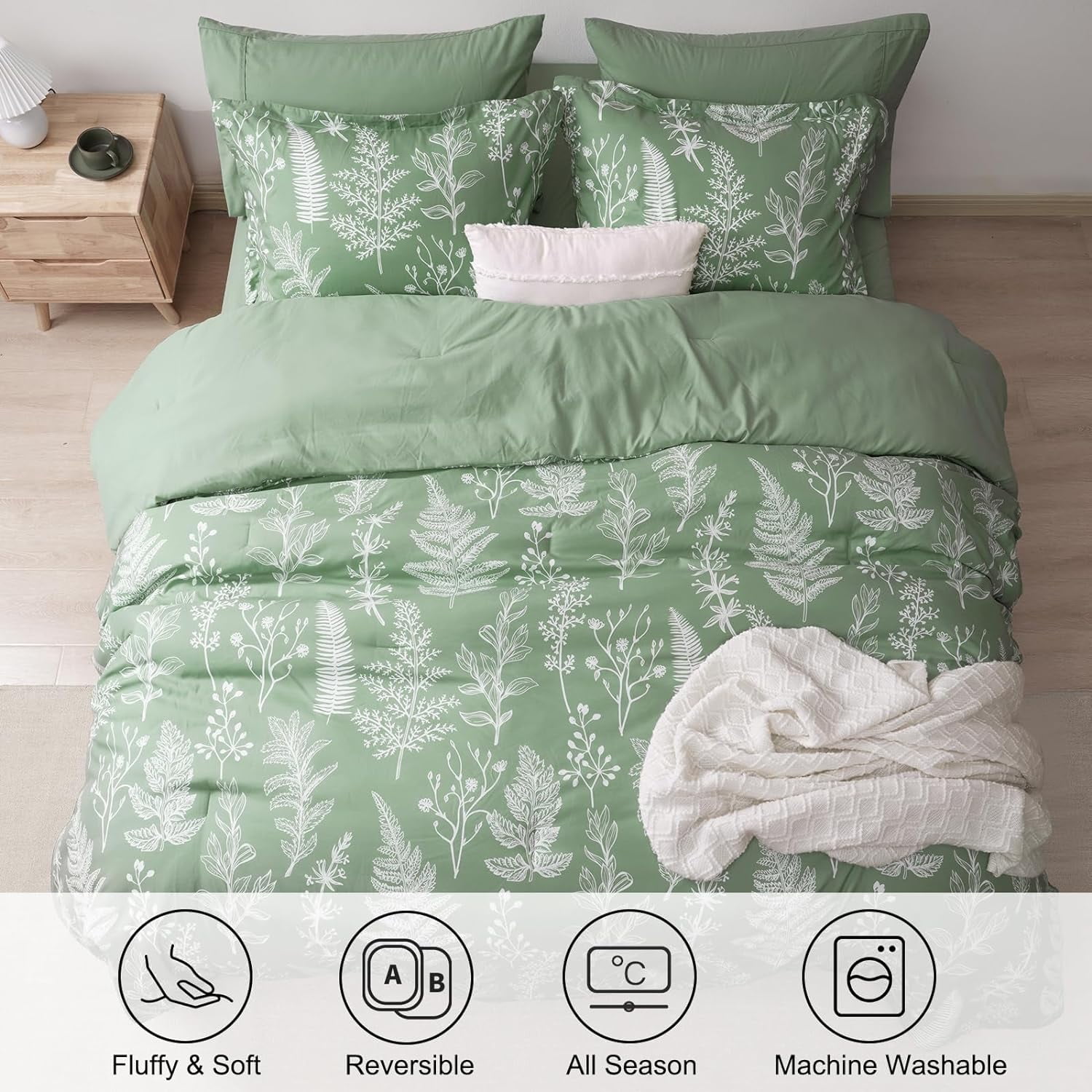 PHF 3 Pieces Printed Comforter Set King Size, Lightweight Botanical Floral Bed in a Bag, Ultra Soft Bedding Set with 1 Reversible Comforter and 2 Pillow Shams, Sage Green