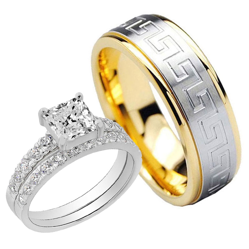 Bride Groom 2 29ct Princess Sterling Silver 925 Cz Gold 2 Tone