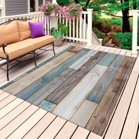 Teal Brown Farmhouse Outdoor Rug 3x5 Ft, Non Slip Washable Area Rug, Vintage Retro Wooden Patio Rugs Carpet Runner, Large Floor Mat for Indoor/Outdoor Deck Porch Camping
