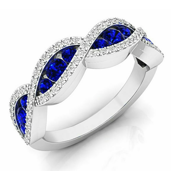 Dazzlingrock Collection 10K Round Blue Sapphire & White Diamond Bridal Anniversary Wedding Swirl Ring, White Gold, Size 9