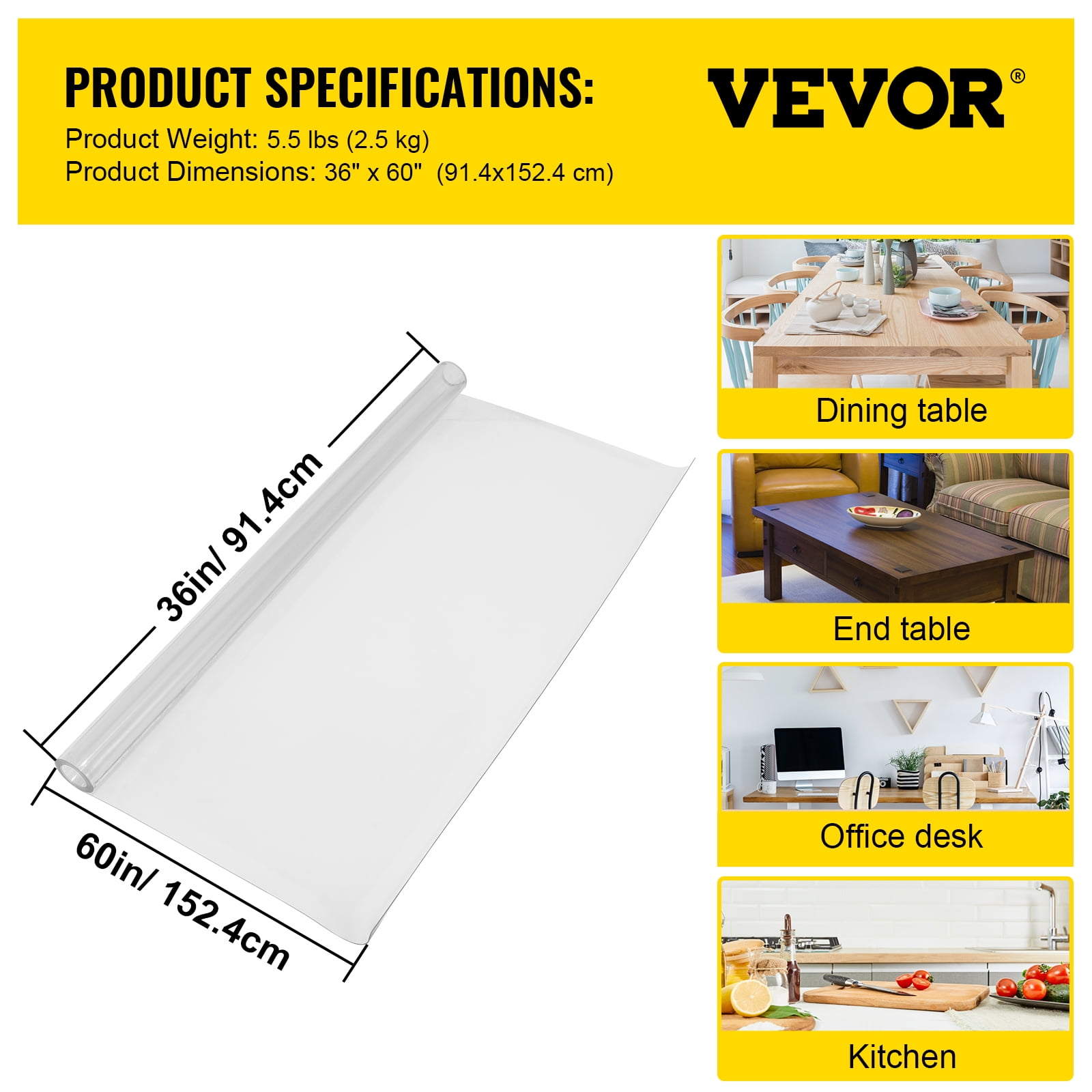 VEVOR Clear Desk Cover Protector, 36 x 60 inch, 1.5 mm Thick Plastic Clear Desk Pad Mat, Rectangle Waterproof Table Top Protector, Scratch Proof and Easy Cleaning for Office Dresser Night Stand