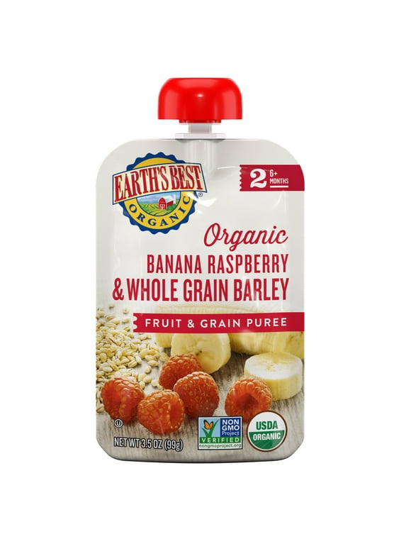Earth's Best Organic Stage 2 Baby Food, Banana Raspberry & Whole Grain Barley, 3.5 oz Pouch