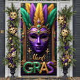 thumbnail image 5 of Purple Mask Mardi Gras Banner Gold Ornate Masquerade Display Green Feather Emerald Gem Carnival Backdrop for Carnival Party Masquerade Ball Festive Celebration, 5 of 9