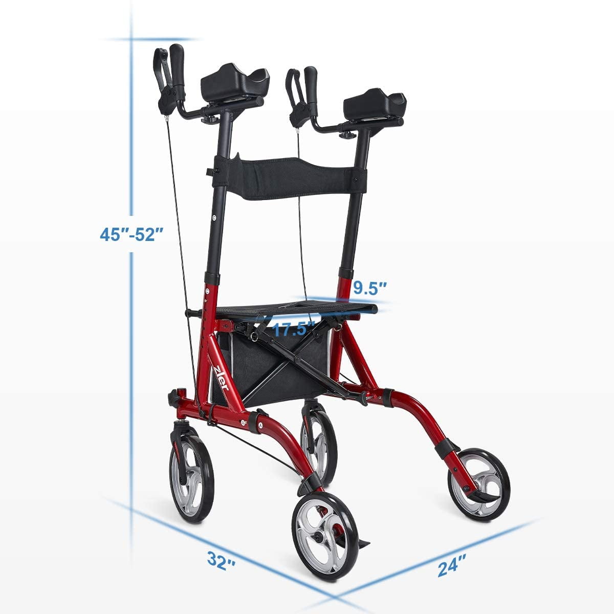 Zler Armrest Tall Walker with 10” Front Wheels, Stand Up Folding Rollator Walker Back Rolling Mobility Walking Aid with Backrest and Padded Armrests for Elderly, Seniors and Adults, Red and Black