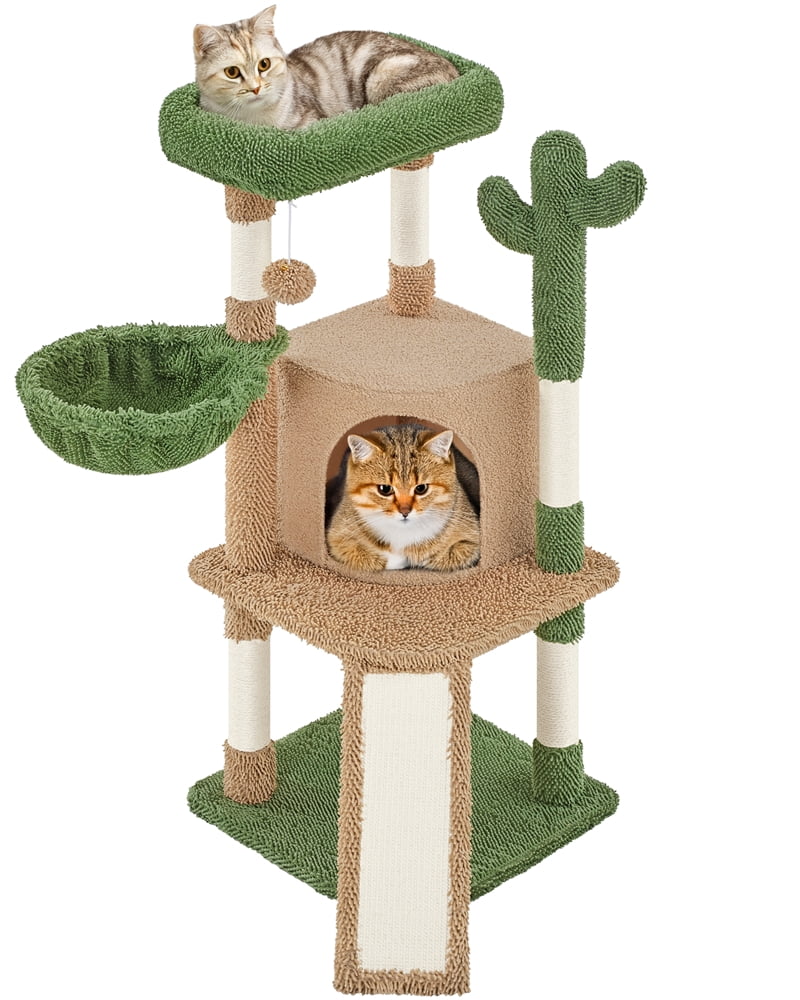 Yaheetech 42" Height Cactus Cat Tree with Scratching Posts, Basket & Ladder, Brown/Green