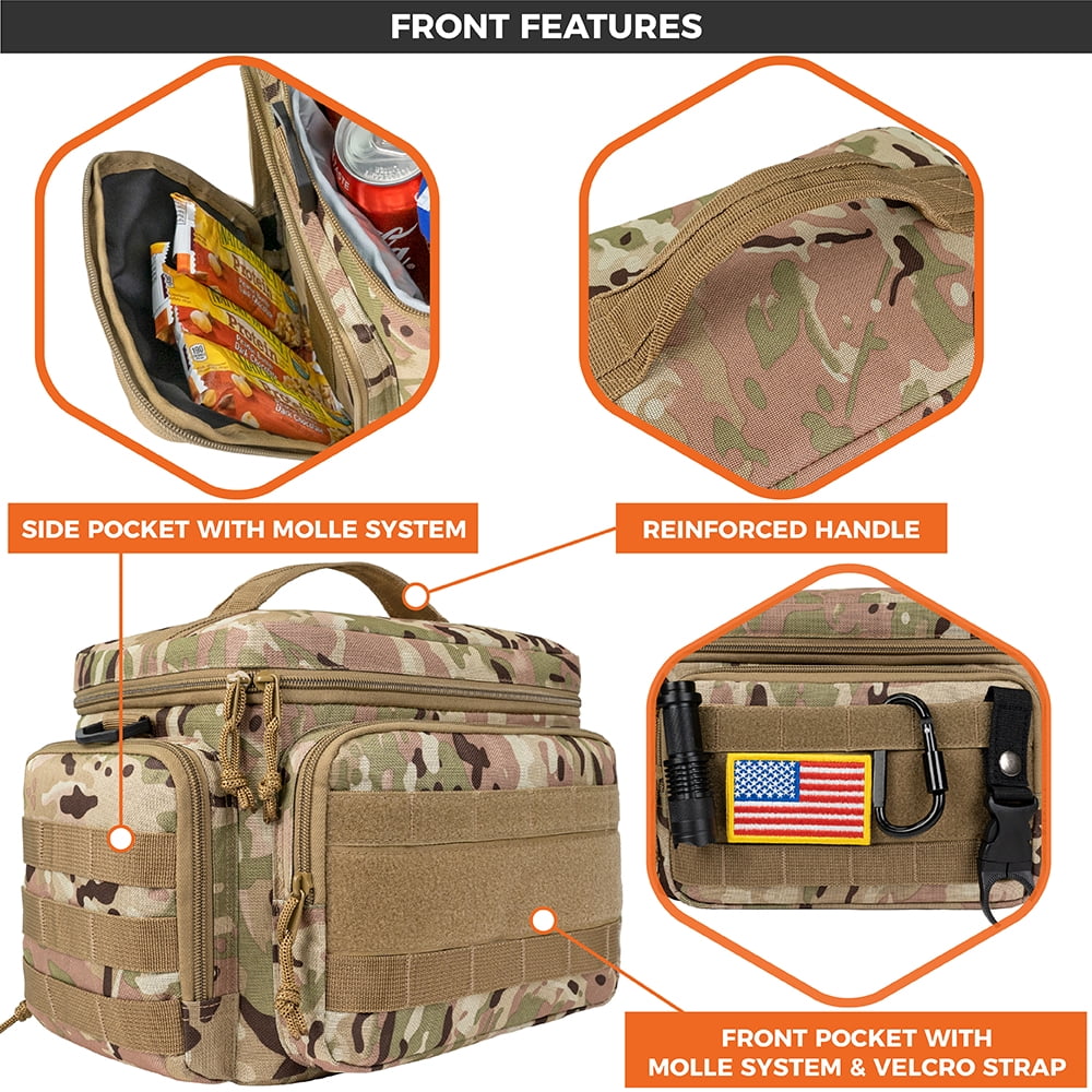 OPUX Tactical Lunch Box for Men, Camo Mens Insulated Lunch Bag for Adult, Leakproof Soft Lunch Cooler with MOLLE Mesh Side Pockets, Multicam Heavy Duty Lunchbox Pail for Work Women, Large, 18 Cans