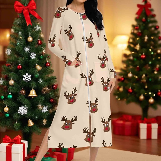 Batas para mujer, camisón con estampado navideño y camisón de invierno con cremallera y bolsillos, pijama holgado para mujer