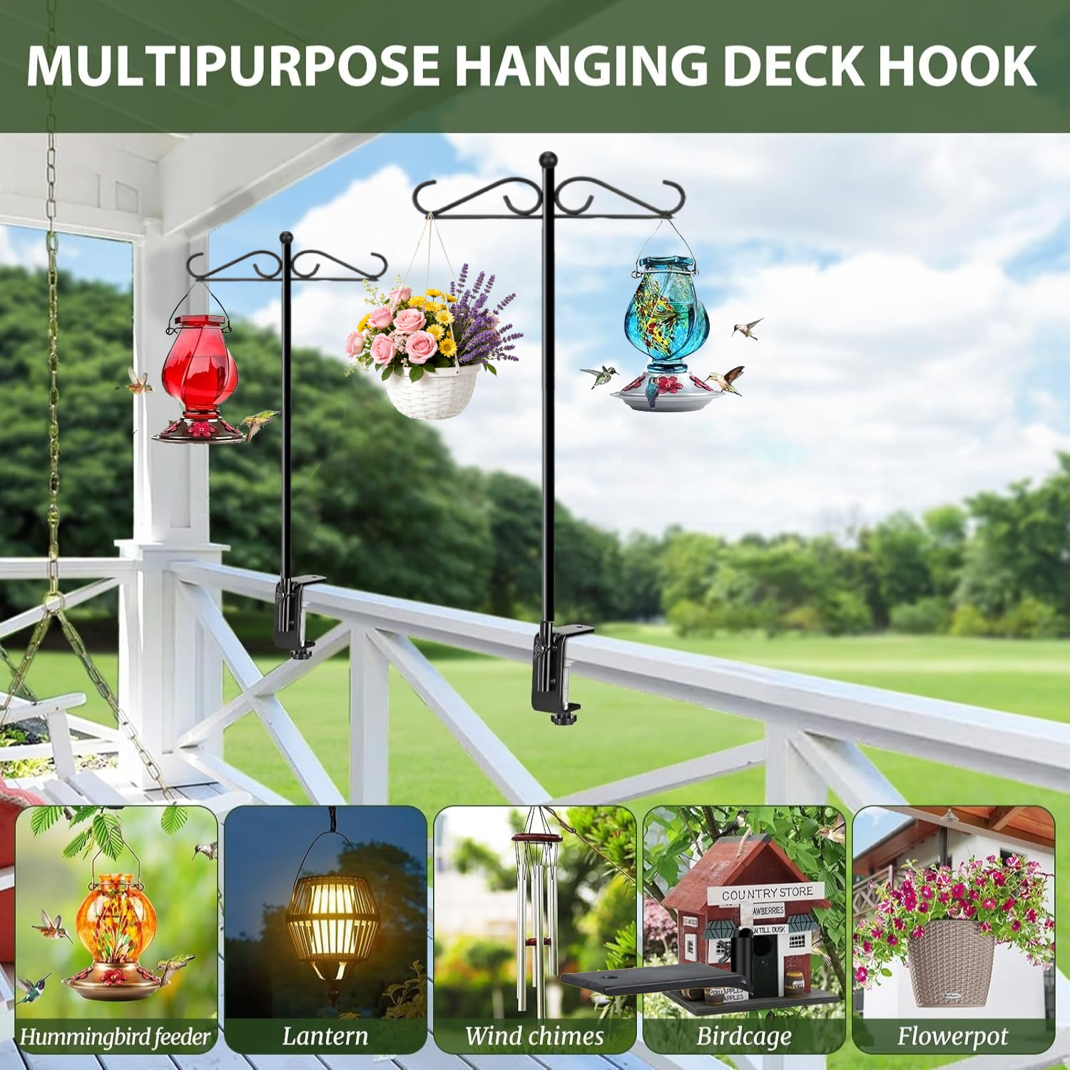 27.5" Shepherds Hooks for Outdoor, Heavy Duty Double Hook Bird Feeder Pole with Railing Mount, Rust-Resistant Garden Hanging Stand for Bird Feeders, Lanterns & Plants