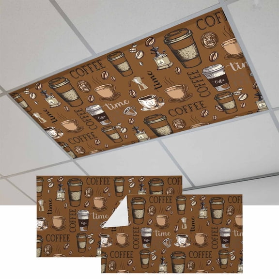 Coffee Theme Magnetic Fluorescent Light Covers for Ceiling Lights 2x4Ft, Funny Brown Vintage Beans Latte Tea Cup Office Classroom Kitchen Drop Ceiling Light Covers Lighting Filters Shade Panel 2Packs
