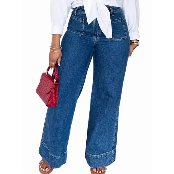 Jeans for Women Wide Leg High Waisted Stretchy Straight Leg Jean Baggy Trendy Denim Pants with Slanted Pockets Blue XL