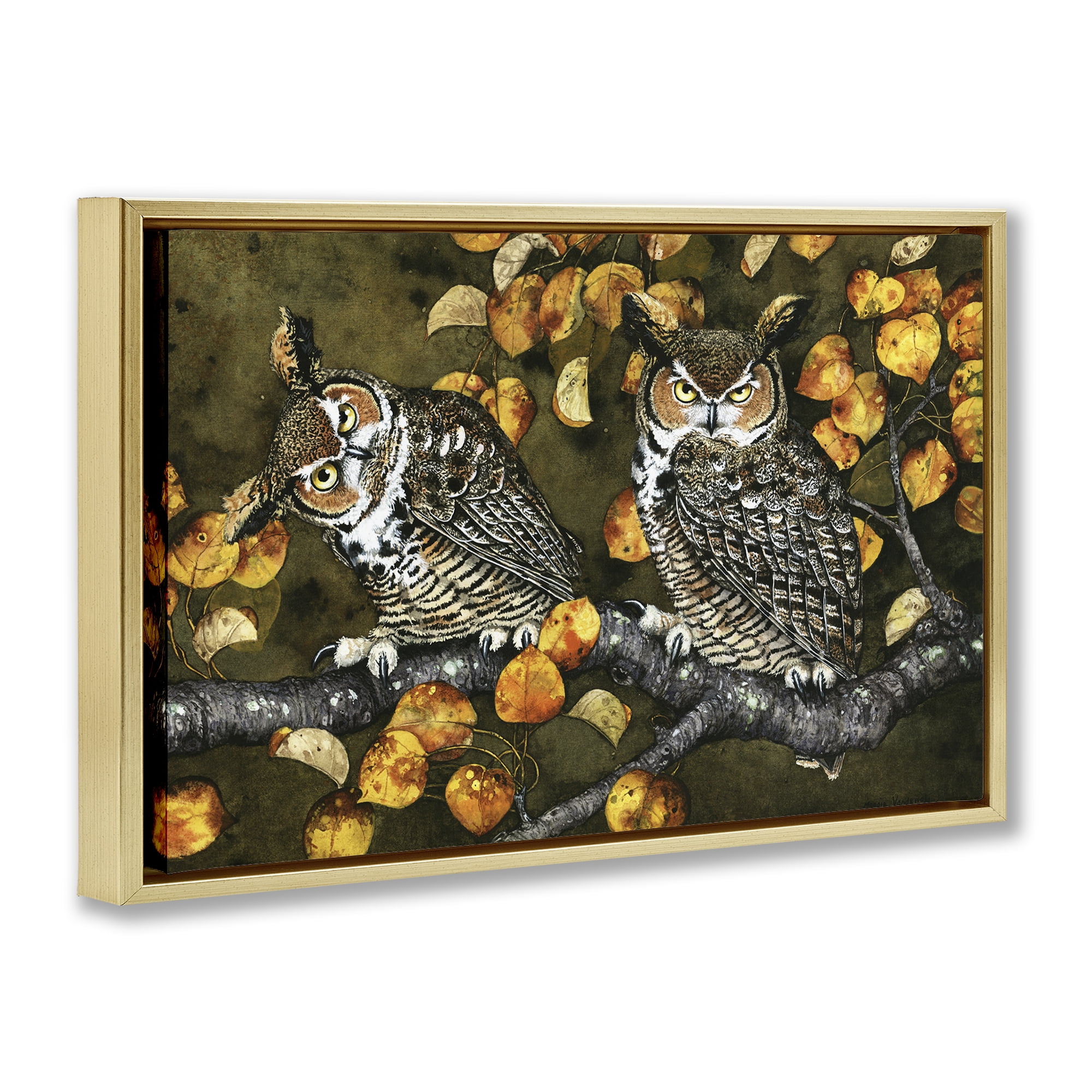 Stupell Industries Inquisitor Owls Autumn Branch Animals & Insects Painting Gold Floater Framed Canvas Art Print Wall Art, 31 x 21