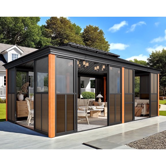 Richryce 12' x 20' Wood Grain Sunroom Gazebo,Fully Enclosed Outdoor Patio Sunroom with Sliding Doors, Galvanized Steel Double Roof Hardtop Gazebo