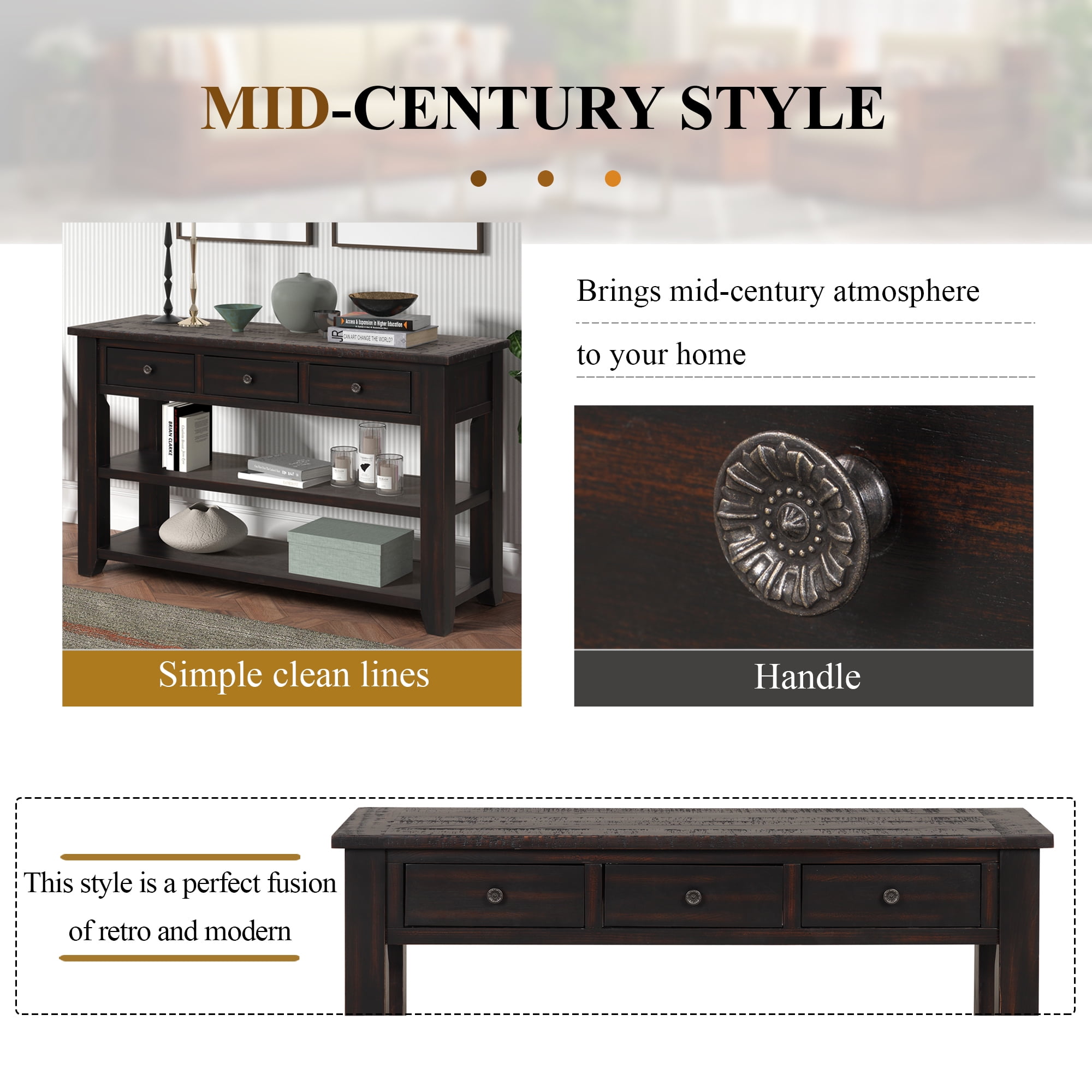 48" Solid Wood Console Table with Drawers and Shelves, Sofa Couch Entryway Table for Hallway, in Distressed Black